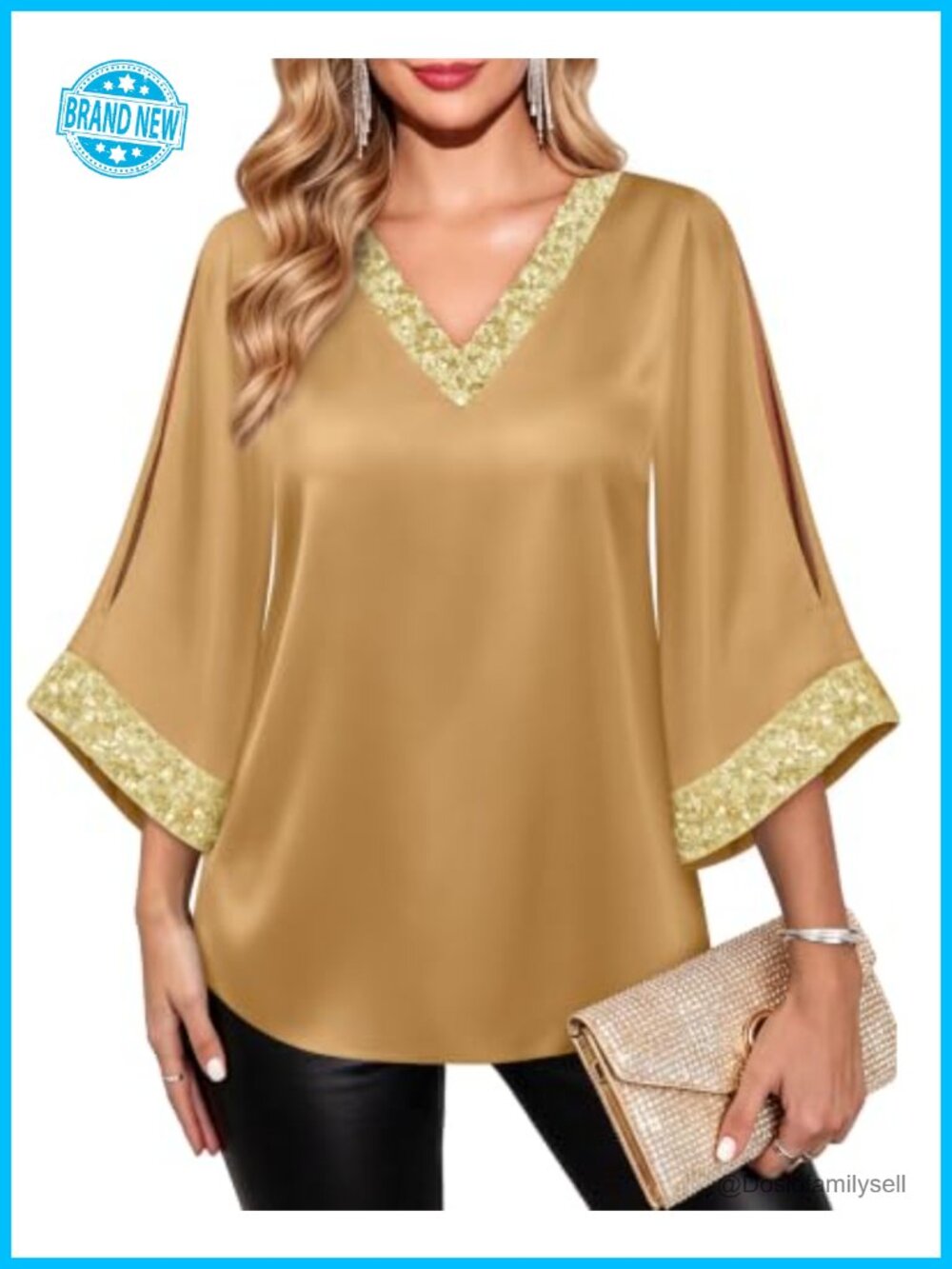 Sequin Split Sleeve V Neck Satin Dressy Tunic Blouse